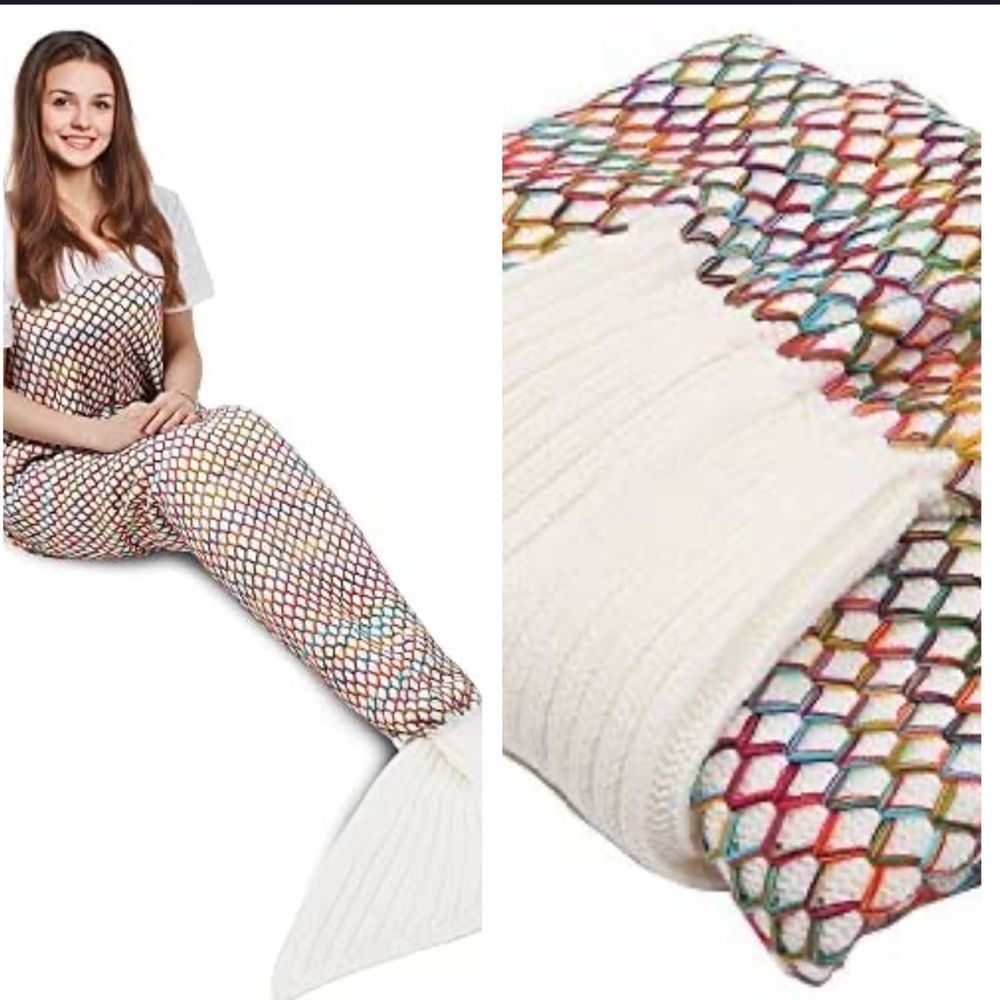 AmyHomie Handmade Mermaid Tail Blanket, Crochet Mermaid Blanket Rainbow
